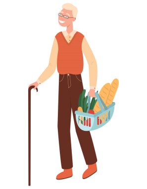 Düz vektör çizimi beyaz arkaplanda izole edildi. Büyükbabam marketten alışveriş yapıyor..
