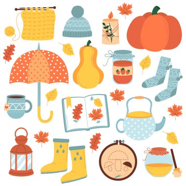 Sonbahar ikonları, düşen balkabakları, düşen yapraklar bal mumu, bitki ve çaydanlık. İzole edilmiş beyaz arkaplan.