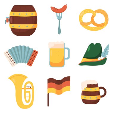 Oktoberfest ikonlarının vektör seti: Alman birası, simit, sosis. Almanya 'daki halk festivali için koleksiyon. Münih sembolleri. Yiyecek ve içecekler.