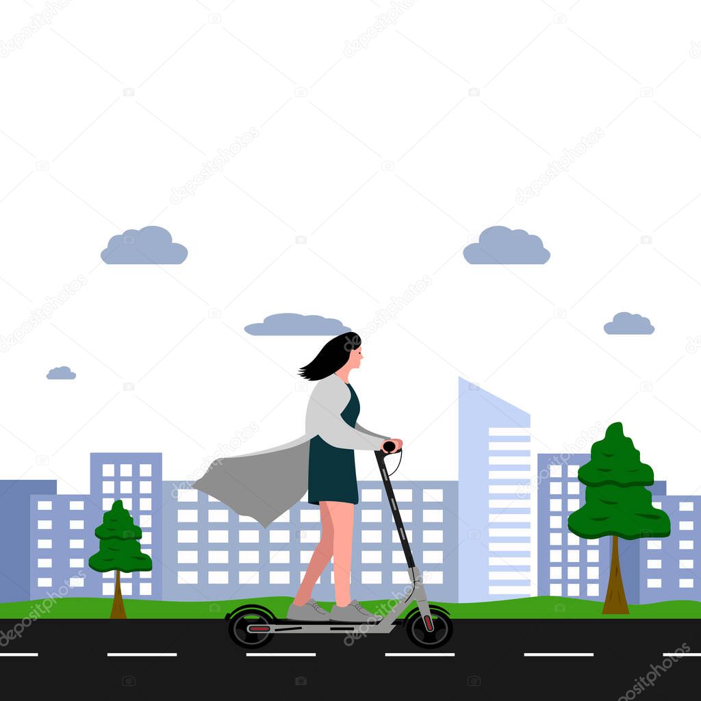 Vector illustration - woman on skateboard. Park, forest, trees and hills in winter. World car free day. the use of the skateboard as a means of transportation.
