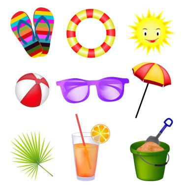 Yaz seti, aksesuarlar. Plaj, güneş gözlüğü, şemsiye, soğuk içecek, şamandıra, sandalet. Modern vektör 3B resim tasarımı beyaz arkaplanda izole edildi