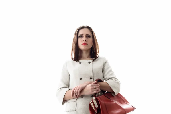 Vrouw met rode handtas in handen — Stockfoto
