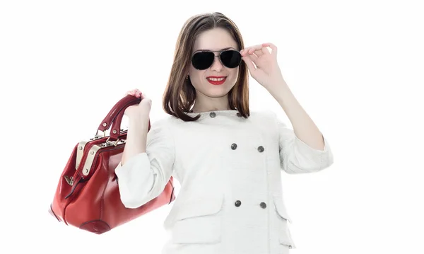 Woman with red handbag in hands — Stock Photo, Image