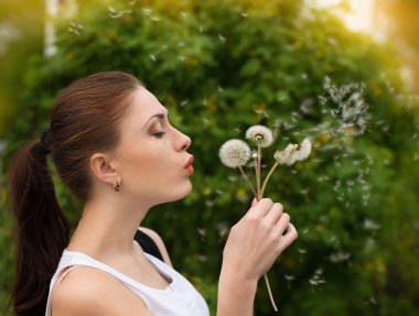 güzel bir genç kadın bir karahindiba üfleme
