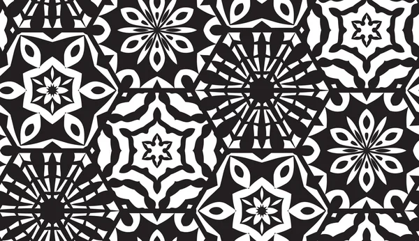 Векторные бесшовные соты. Черный шестиугольник, украшенный снежинками. Снежинки и шестиугольники. Винтажная текстильная печать — стоковый вектор