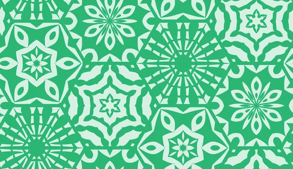 Векторные бесшовные соты. Зеленый шестиугольник украшен снежинками. Снежинки и шестиугольники. Винтажная текстильная печать — стоковый вектор