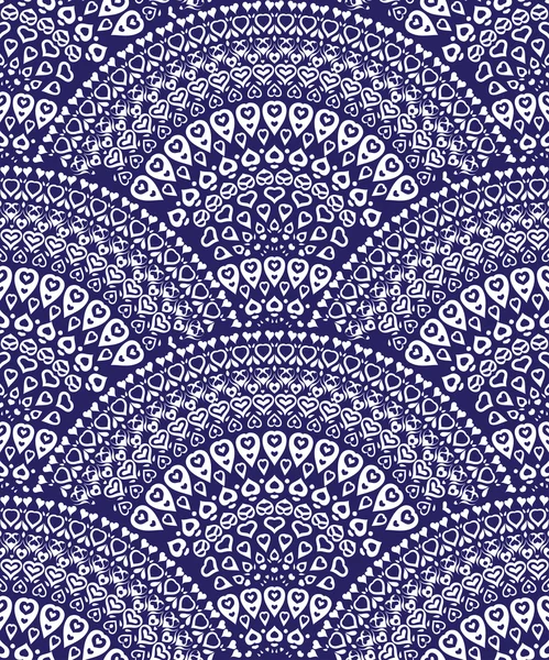 Vector seamless background in the form of fish scales, consisting of hearts. Fountain of hearts on a blue background.