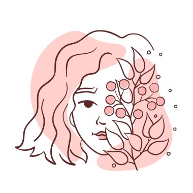 Çizimde yaratıcı soyut kadın yüzü ve bitki elementleri. Kadınların modern ilkbaharı, minimalizm tarzında yaz portreleri. Kart, poster, broşür, kapak, ambalaj için vektör ilülasyonu.