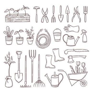 Bahçıvanlık ögelerini karalama el çizimi biçiminde ayarla. Bahar işleri için çeşitli tarım ve bahçe aletleri. Saksı yetiştiren, filizlendiren. Beyaz arkaplanda vektör illüstrasyonu