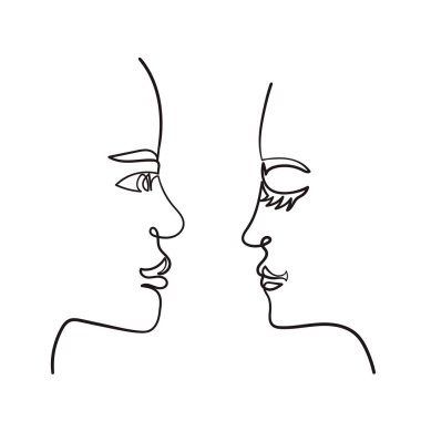 Modern, basit, soyut kadın ve erkek yüzü tek bir çizgi ile çizilmiş. Yaratıcı çağdaş çift portresi. Vektör illüstrasyonu beyaz arkaplanda izole edildi.