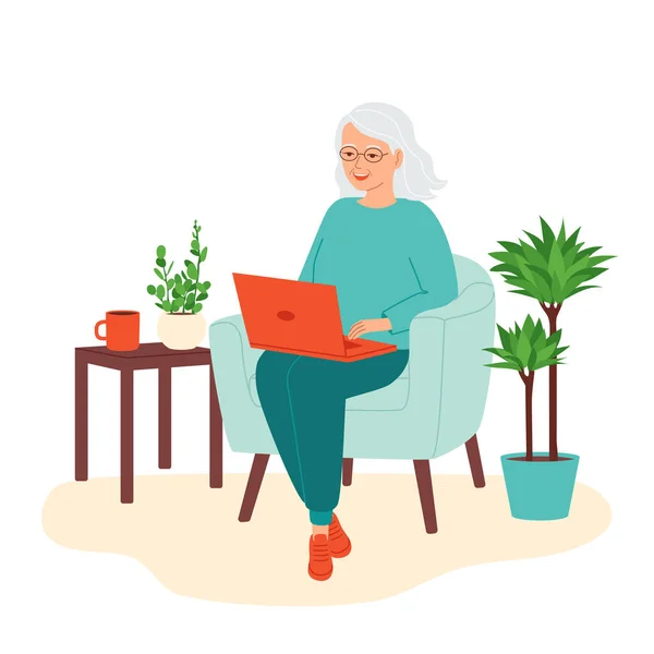 Evdeki koltukta dizüstü bilgisayarıyla oturan gri saçlı yaşlı kadın. Emeklilikte yaşlılar tarafından bilgisayar kullanma kavramı. Çalışanlar uzaktan çalışıyor, serbest çalışıyor, öğretmenlik yapıyor. Vektör illüstrasyonu