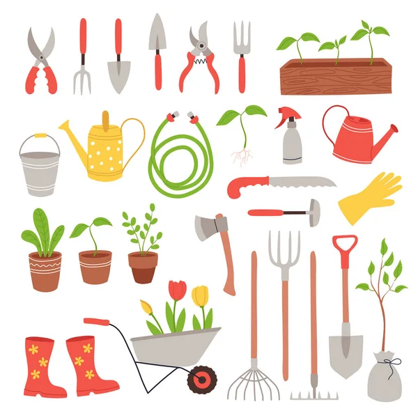 Set Van Tuinieren Items Hand Getrokken Stijl Diverse Landbouw Tuingereedschappen — Stockvector