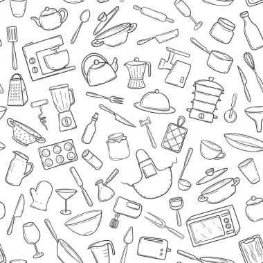 Elle çizilmiş kusursuz mutfak pişirme aletleri. Tekstil baskısı, ambalaj kağıdı, kart için ev aletleri, çatal bıçaklar. Beyaz arkaplanda vektör illüstrasyonu