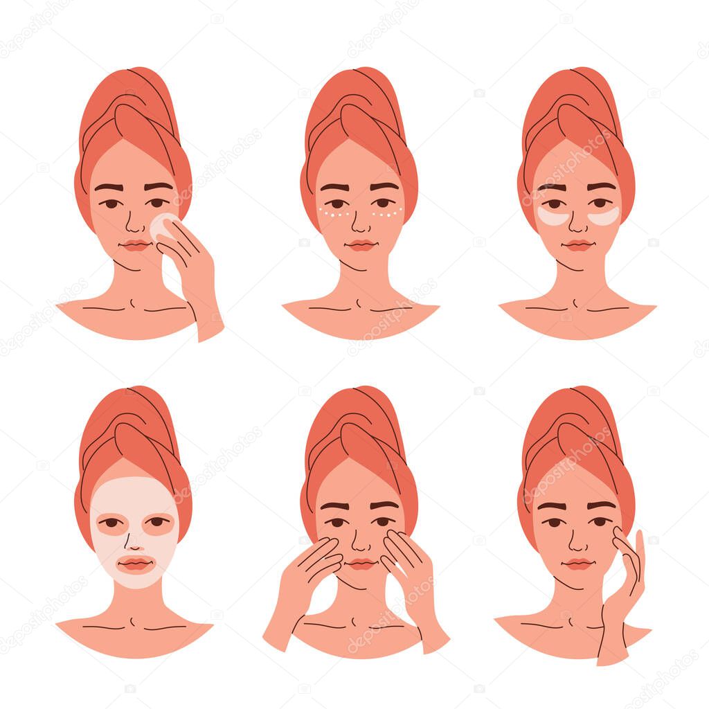 Set of stages of daily facial skin care. Young woman does various procedures, masks, creams, plasters, massages, lotions, tonics. Clean healthy skin. Vector illustration isolated on white background