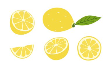 Taze sulu limonlar. Tam, yarımlar, vitamin meyveleri. Beyaz arkaplanda izole edilmiş düz biçimli vektör çizimleri kümesi.