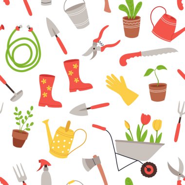 Elle çizilmiş renksiz bahçe aletleri deseni. Bahar işleri için çeşitli tarımsal ve bahçe ürünlerinin sürekli baskısı. Vektör illüstrasyonu beyaz arkaplanda izole edildi.  