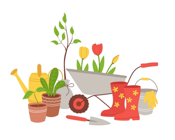 庭のツールから構成 苗の植え付け 庭の世話 趣味としての農業への愛の概念 白い背景に隔離されたフラットスタイルのベクトルイラスト — ストックベクタ