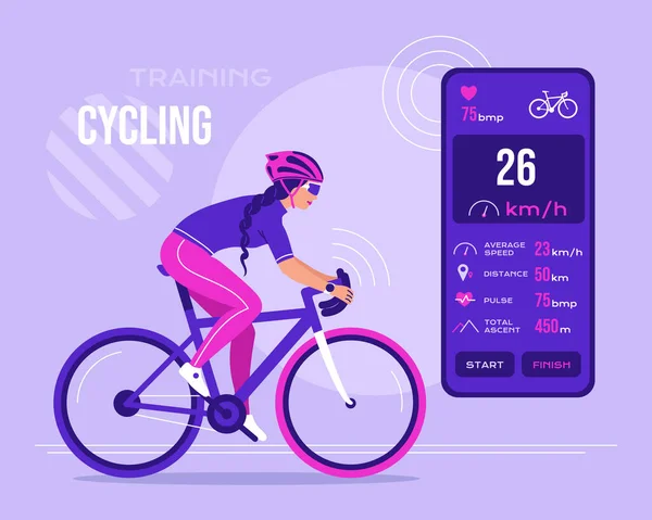 Mujer Atlética Uniforme Bicicleta Montando Una Bicicleta Usando Una Aplicación — Vector de stock