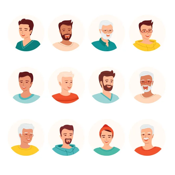 異なる年齢や国籍の人々の笑顔の男性のアバターのセット 様々な男性の顔のアイコン 分離ベクトル図 — ストックベクタ