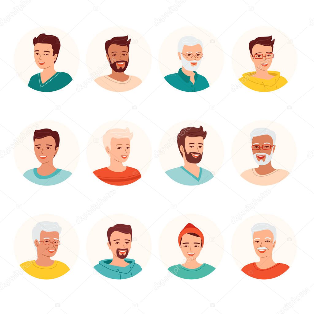 Set of men avatars of smiling people of different ages and nationalities. Various male faces icons. Isolated vector illustration.