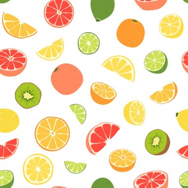 Taze narenciye vitamini sulu yaz meyvelerinin kusursuz deseni. Tasarım tekstil, kıyafet, ambalaj ve beyaz arkaplanda izole edilmiş duvar kağıdı için parlak, renkli düz vektör çizimi