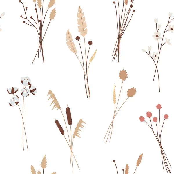 无缝图案的各种美丽的草本植物 干植物 植物标本 用于装饰花卉设计 纺织品 包装材料和墙纸 平面样式的孤立向量图 — 图库矢量图片