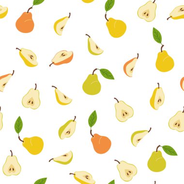Taze armutların kusursuz deseni, yarı yarıya. Vitamin sulu meyveler. Beyaz arkaplanda izole edilmiş tekstil, giysi, ambalaj ve duvar kağıdı için parlak renkli düz vektör çizimi