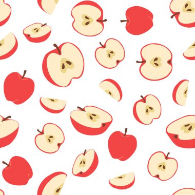 Taze elmalardan pürüzsüz desenler, yarım. Vitamin sulu meyveler. Beyaz arkaplanda izole edilmiş tekstil, giysi, ambalaj ve duvar kağıdı için parlak renkli düz vektör çizimi