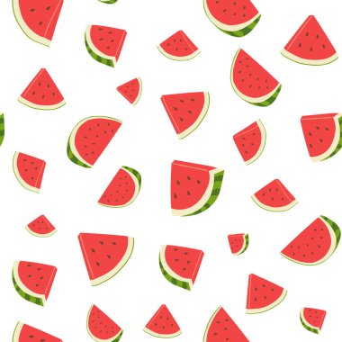 Taze karpuz parçalarının kusursuz deseni. Vitamin sulu meyveler. Beyaz arkaplanda izole edilmiş tekstil, giysi, ambalaj ve duvar kağıdı için parlak renkli düz vektör çizimi