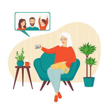 Mutlu, gri saçlı bir kadın çocuklarıyla video görüşmesinde konuşuyor. Emeklilerle akıllı telefon aracılığıyla uzaktan iletişim kurma kavramı. Emeklilikte modern teknolojiyi kullanmak. Vektör illüstrasyonu