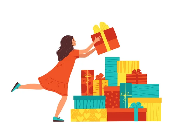 Genç bir kadın elinde bir hediye kutusu tutuyor. Kız fiyonklu parlak kutulardan bir hediye alır. Noel, doğum günü, hediye ve satışlar için illüstrasyon. Düz biçimde izole edilmiş vektör