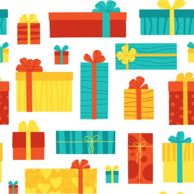 Farklı hediye kutularının kusursuz deseni ve beyaz arka planda boyutları. Yılbaşı, noel, doğum günü, sevgililer günü için aralıksız baskı. Paket kağıdı, kart ve tekstil için vektör illüstrasyonu