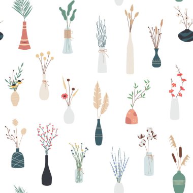 Çeşitli bitki buketlerinin kusursuz deseni, tropikal yapraklar, çiçek vazolarında çiçek açan çiçekler. Dekoratif desenli kumaşlar, giysiler, ambalajlar ve duvar kağıtları için. İzole vektör illüstrasyonu