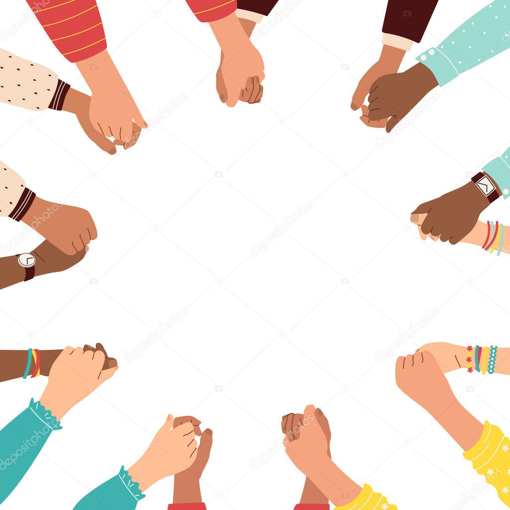 Day of Cultural Diversity, International Friendship. Concept help and tolerance of multicultural people of different races. Male and female hands are holding each other in a circle.Vector illustration