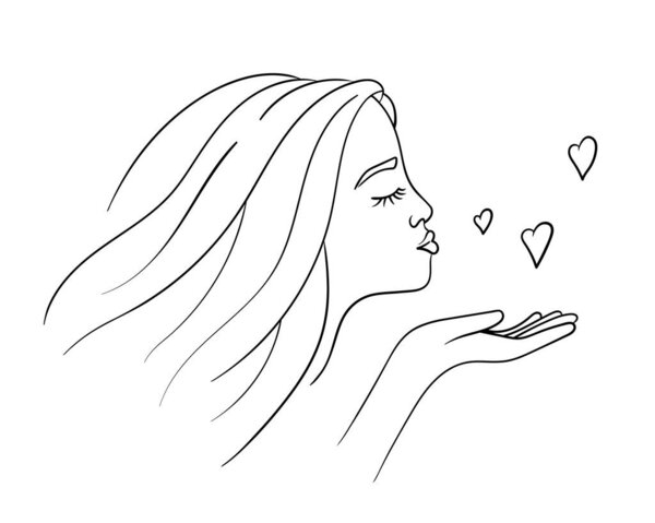 Young woman sends an air kiss in the form of hearts in doodle style. International kissing day, valentine's day. Isolated on white vector illustration in line sketch