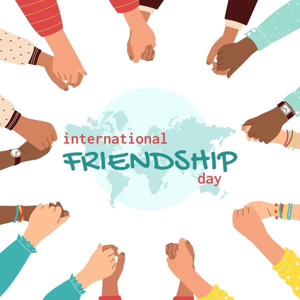 Erkek ve dişi eller birbirlerini daire şeklinde tutuyorlar. Uluslararası Dostluk Günü. Farklı ırklardan çok kültürlü insanların yardımını ve toleransını kabul et. Vektör illüstrasyonu beyazda izole edildi