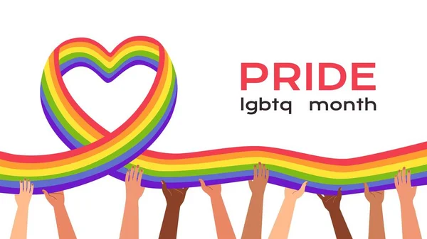 Diverse Mani Che Tengono Bandiera Arcobaleno Lgbt Comunità Lgbtq Celebrare — Vettoriale Stock