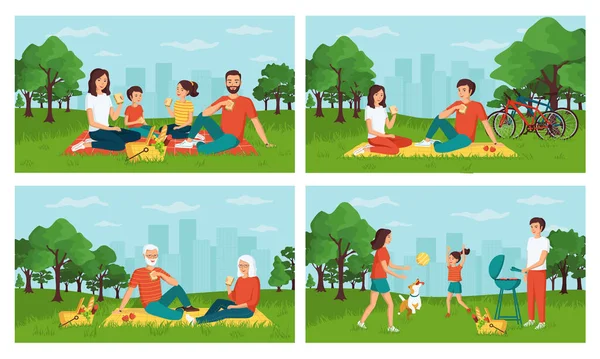 Het Concept Van Een Gelukkig Gezin Dat Picknickt Een Stadspark — Stockvector