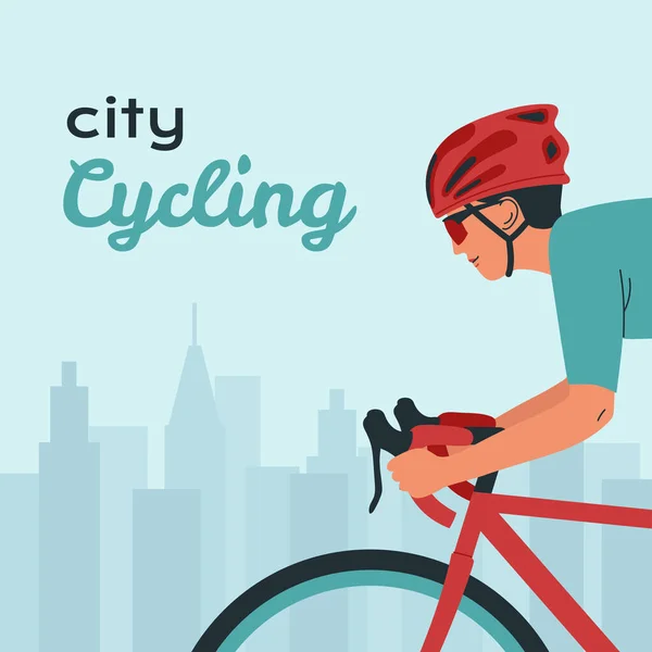 Young Man Rides Bicycle Sportswear Helmet Concept Cyclist City Road — Vector de stock