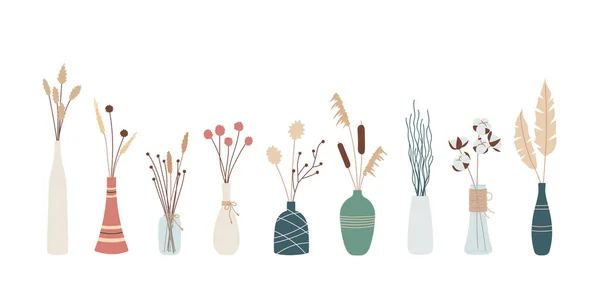 花瓶里有一束束干地和野草 陶瓷现代花瓶的各种形状和颜色 时尚而现代的装饰花卉室内设计元素 孤立的矢量说明 — 图库矢量图片