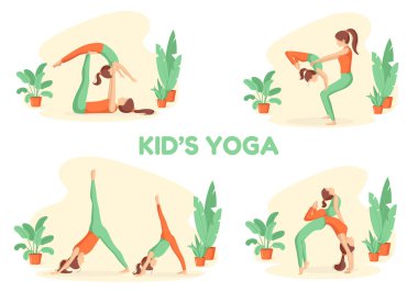 Mother and daughter are doing yoga exercises. Asanas for children with parents. Happy motherhood concept. Sporty healthy family. Set of vector illustrations in flat cartoon style