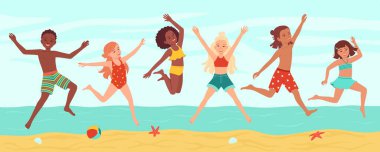 Happy diverse kids have fun jumping together on the beach. Concept of a children's camp at the sea, friends playing at summer. Funny cartoon flat girls and boys. Vector illustration