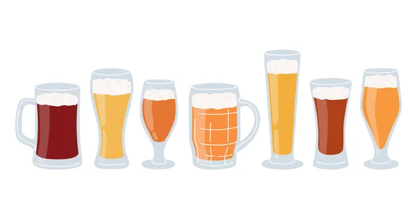 Light and dark beer of different varieties with foam in glasses and mugs. Set of low alcohol beverages isolated on white background. Vector illustration in flat style