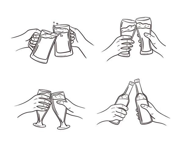 Пить Ремесленное Пиво Другом Бутылки Стекла Танкарда Две Руки Звенят — стоковый вектор