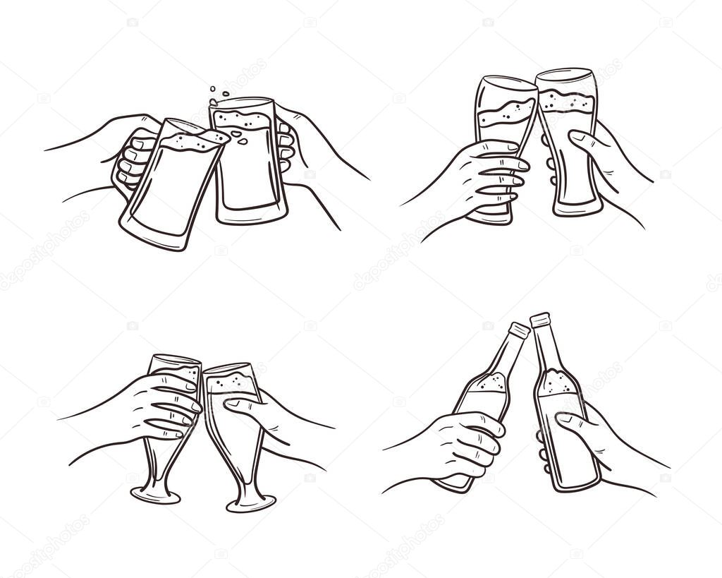 Drink craft beer with a friend from a bottle, glass, tankard. Two hands clink glasses with low alcohol drinks in doodle style. Vector sketch illustration isolated on white background.