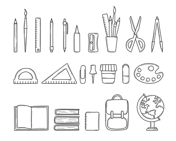 Schoolspullen Briefpapier Iconen Pictogrammen Doodle Stijl Pen Wereldbol Rugzak Liniaal — Stockvector