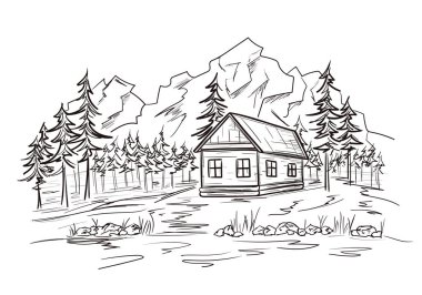 Mountain landscape with wood cabin in line sketch style. House on the river bank in a pine forest.  Tourism, outdoor recreation by the lake. Isolated vector illustration