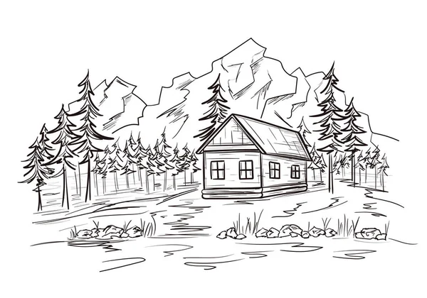 Mountain Landscape Wood Cabin Line Sketch Style House River Bank — Vettoriale Stock