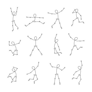 Zıplayan çubuk adamlar. Mutluluğun, zaferin, başarının, mutluluğun basit figürleri. Soyut insan simgeleri. Vektör illüstrasyonu beyaz arkaplanda izole edildi