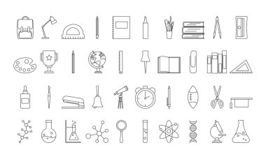 Okul aletleri simgeleri. Kırtasiye resimleri. Kalem, küre, sırt çantası, cetvel, kitap, fırça, kalem ve diğer eşyaları basit bir şekilde. Beyaz arkaplan vektör çizgisi çiziminde izole.